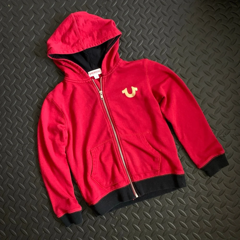 True Religion Hoodie Boys Red Full Zip Tiger Graphic Logo Casual Streetwear sz 6